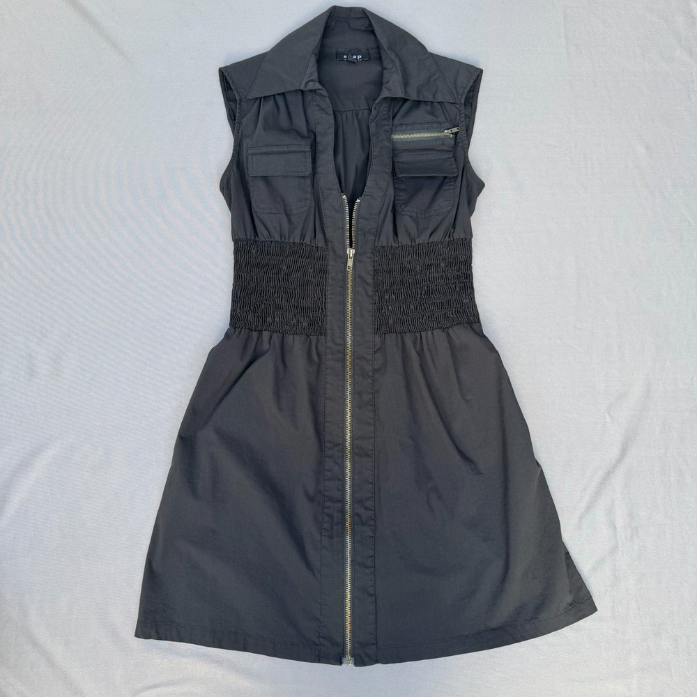 Snap Women's Size 5 Black Utility‎ Mini Dress Sleeveless Full Zip Smocked Waist